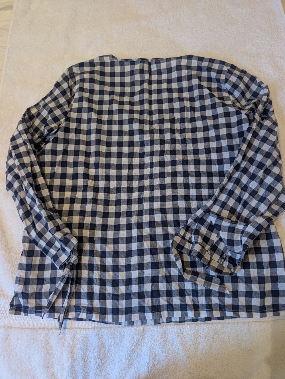 J. Crew Navy Gingham Tie Sleeve Blouse Medium 100% Cotton Top - Picture 11 of 11